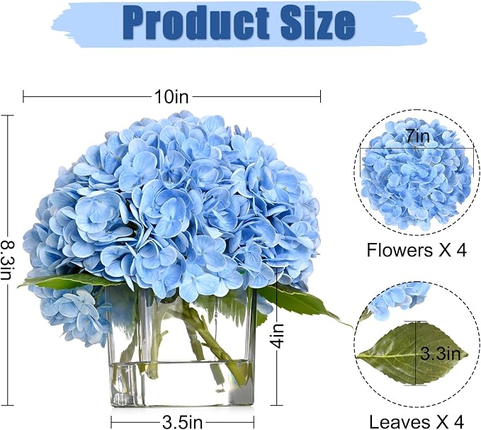BLEUM CADE Luxury PU Fake Flowers in Vase with Faux Water, Blue Real Touch Hydrangea Artificial Flowers with Glass Vase for Office Home Dining Room Centerpiece Table Decorations