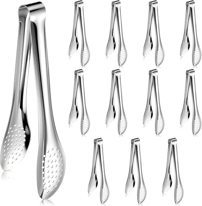 12 Pack Small Serving Tongs Stainless Steel Silver Buffet Utensils Buffet 9 Inch Mini Kitchen Tongs for Tea Coffee Bar Appetizers Salad Wedding Party Banquet Gathering