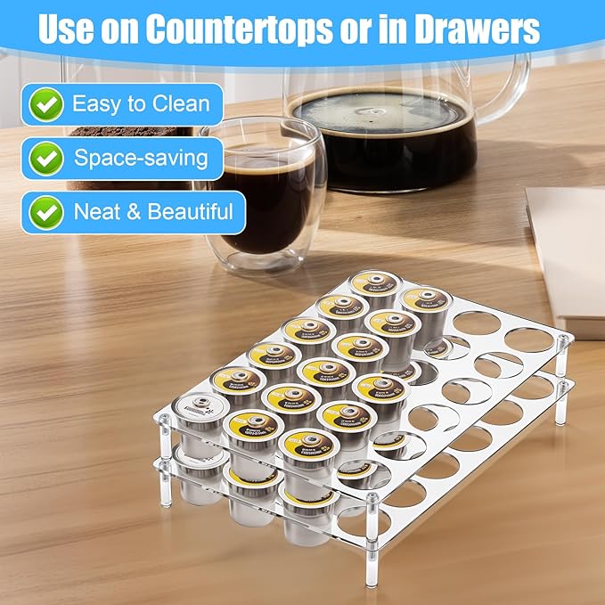 2-Pack 24-Slot Flat Acrylic Kcup Organizer for Drawer, Large-Capacity KCup Holder for Drawer, Shatter-Proof Coffee Capsule Storage, Fits K-Cups, 12.6 x 8.66 x 1.97 Inches