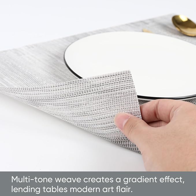 Gray Woven Placemats Set of 6 – Heat Resistant, Waterproof & Easy to Clean – Durable Synthetic Dining Table Mats for Kitchen, Restaurant & Outdoor Use