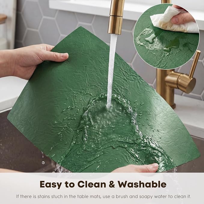 Artoid Mode Green Faux Leather Placemats Set of 8, 12x18 Inch Waterproof Wipeable Heat Resistant Vinyl Place Mats, Reversible Table Mats for Kitchen Dining Decor