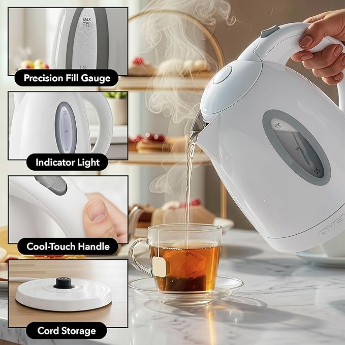 OVENTE Electric Kettle, 1.7L Fast Boiling Water Heater for Coffee or Tea, BPA Free with Water Level Gauge, Auto Shut-Off, Boil-Dry Protection, Indicator Light and Removable Filter, White KP72W