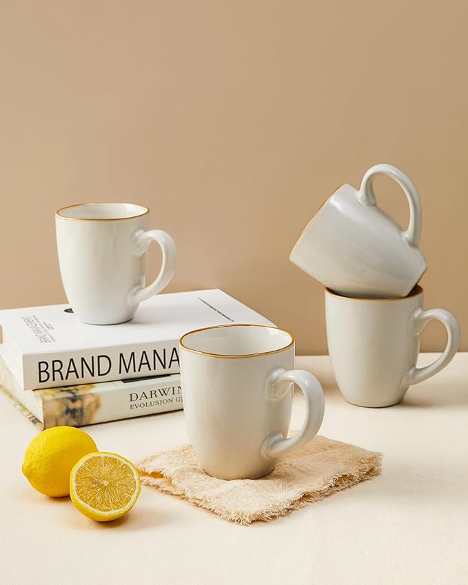 Pokini Coffee Mug 15 oz, Ceramic Coffee Mugs Set of 4, Reactive Glaze Mug for Latte/Tea/Cappuccino/Cocoa, Irregular Large Stackable Mug Set for Men, Women, Dad, Mom, Dishwasher & Microwave Safe, White