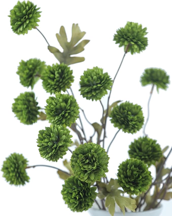 DuHouse 6pcs Artificial Flowers Faux Silk Pompon Mum,Silk Small Mini Chrysanthemum Ball with Stems for DIY Wedding Bouquets Centerpieces Vase Home Table Kitchen Decorations(Green)