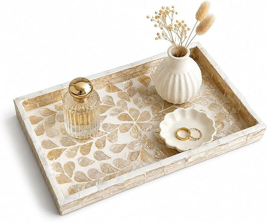 Mother of Pearl Inlay Wooden Tray – Handmade Decorative Rectangle Serving Tray for Coffee Table, Kitchen, Bathroom, Vanity or Living Room Decor, Golden Wicker