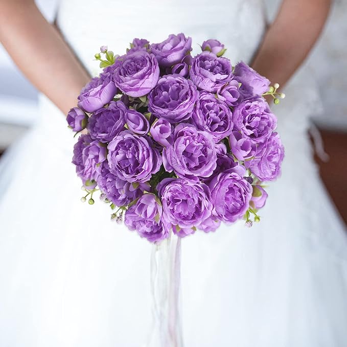 Artificial Peonies Silk Flowers, Purple Faux Peony Bouquet 4 Bundles Florals Arrangements Decor for Farmhouse Home Boho Wedding Table Centerpiece, Fake Plastic Flowers Bulk for Vase Decoration Purple