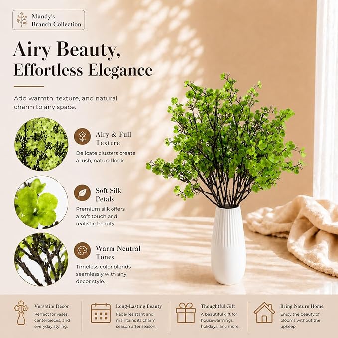 Mandy's Green Artificial Baby’s Breath Flowers 6 Bundles Silk Gypsophila, 18.5 Inch European Style Modern Home Decor Centerpiece, Neutral Wedding Flower Arrangements