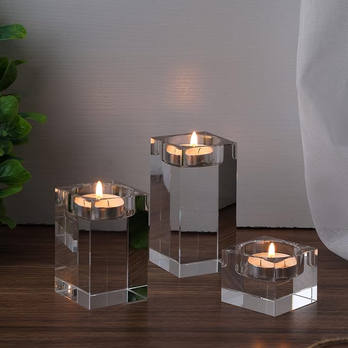 6 Pcs Crystal Tea Light Candle Holders Glass Votive Candle Stands Square Candlestick Holders for Wedding Dining Living Room Centerpiece Decorations, 1.57", 3.15", 3.94"