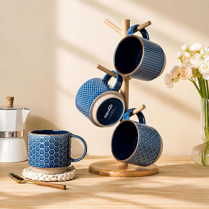 GBHOME 12 OZ Stackable Coffee Mugs, Ceramic Coffee Mugs with Texture Patterns for Man,Woman,Dad,Mom, Modern Coffee Cups Set of 4 for Latte/Cappuccino/Cocoa. Dishwasher&Microwave Safe