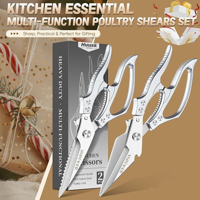 Huusk Heavy Duty Kitchen Shears Set – All Purpose Japanese Kitchen Scissors for Chicken, Meat, Fish, Vegetables & Pizza, Poultry Shears with Ergonomic Non-Slip Silver Handle, Gifts for Women Men