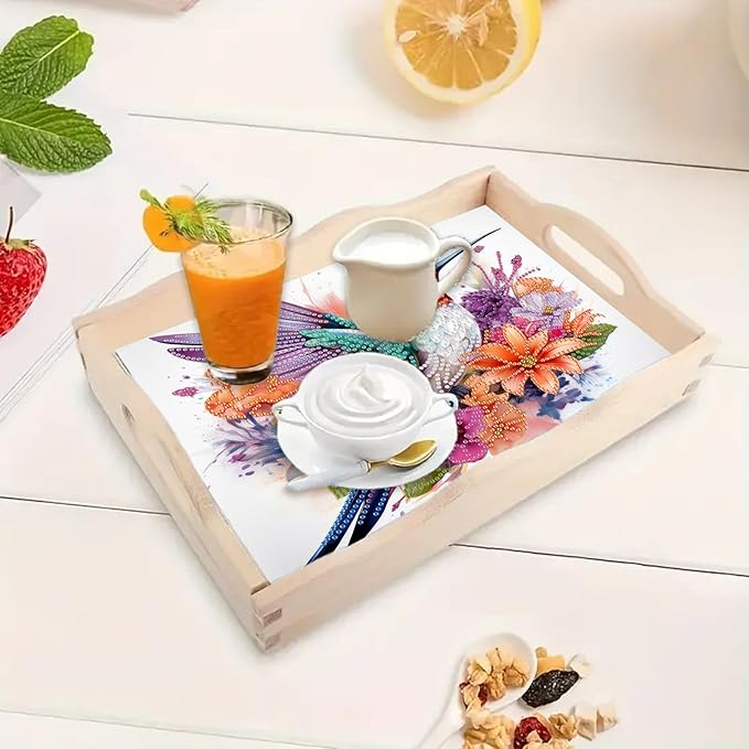 DIY Diamond Serving Tray Rectangular Breakfast Tray with Handle Handmade Diamond Art Painting Wooden Tray Spring Creative Dinner Plate Coffee Room Living Home Organizer-Hummingbird02
