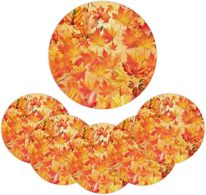 Round Placemats Set of 6, Autumn Maple Leaves Woven Placemats Mats Non-Slip Heat Resistant Washable Table Mats Round Braided Place for Farmhouse Kitchen Dining Party Decor 15in-2