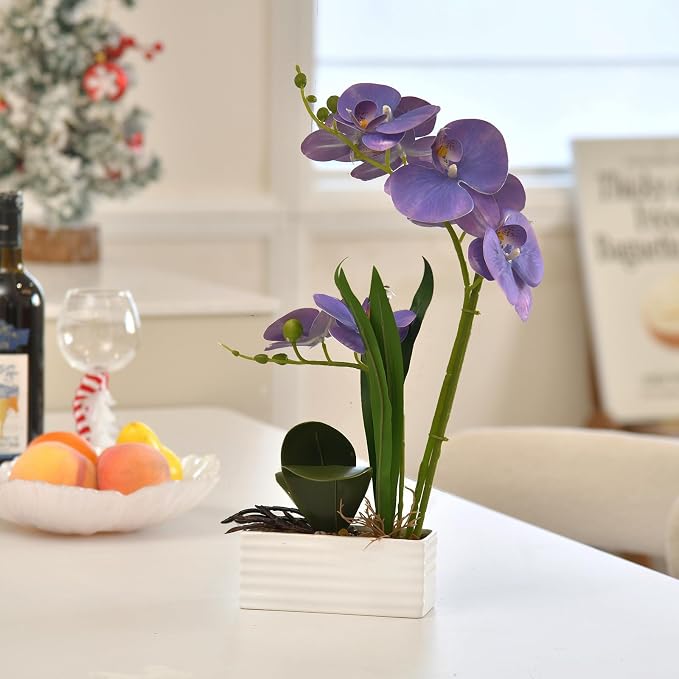 Artificial Real Touch Orchid Flowers in Pot Fake Phalaenopsis Flower with White Ceramic Vase Faux Orchids Arrangement for Home Table Office Wedding Party Decoration (Lavender)
