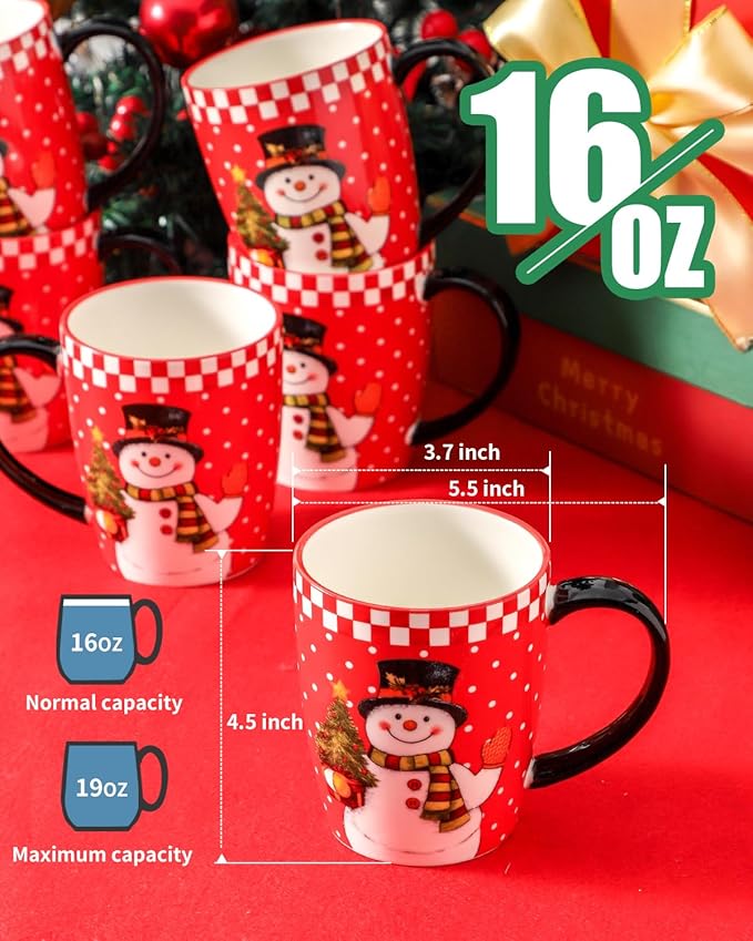 HASENSE Coffee Mugs Set of 6, Ceramic Coffee Cups with Handle, Large Christmas Latte Cup for Tea, Hot Cocoa, Milk, Stylish Mug for Holiday Gift, Dishwasher and Microwave Safe, Red