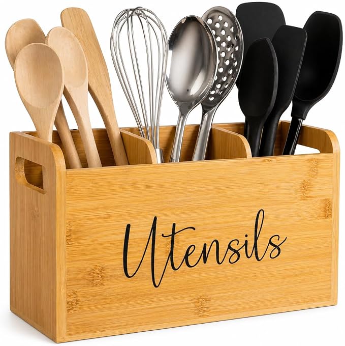 Bamboo Kitchen Utensil Holder for Countertop – Large 3-Compartment Cooking Utensil Organizer & Caddy with Drain Holes, Farmhouse Bamboo Holder for Kitchen Counter, Wood Storage for Spatulas & Spoons