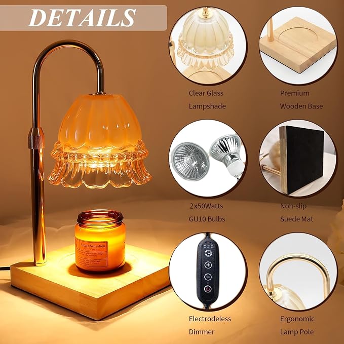 Glass Flower Lampshape Candle Warmer Lamp with Adjustable Height, Wax Burner Lamp with Timer and Dimmer, Wooden Base Candle Warmer, Women's Gifts (Amber)