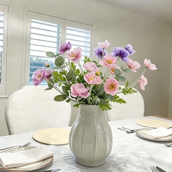 Artificial Poppy Flowers with Eucalyptus Stems, 6pcs Faux Poppy + 2pcs Fake Eucalyptus Branches, Flocked Flexible Wire Stems, Silk Petals, Realistic Faux Greenery for Home Table Decor