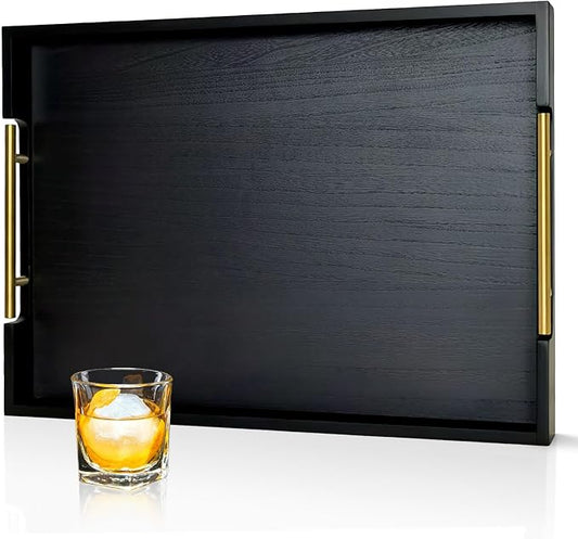 22 inches Black Wooden Ottoman Serving Tray with Golden Metal Handles | Large Rectangular Decorative Wood Tray for Living Room Kitchen Coffee Table Couch Bed