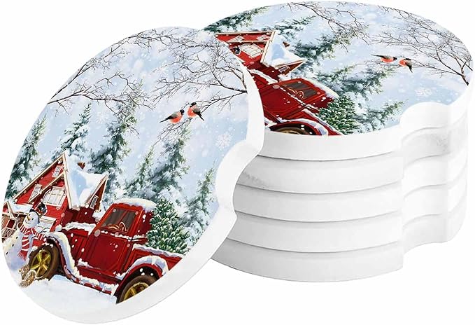 Car Coasters for Cup Holders 2.6"Dia Absorbent Coasters Set of 6 Car Interior Accessories for Women Men Ceramic Car Coaster for Drinks with Finger Grooves,Christmas Winter Snowflakes Snowman Truck Red