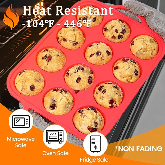 CAKETIME Silicone Muffin Pans for Baking, Metal Reinforced Frame Regular 12 Cups & Mini 24 Cups Cupcake Pan Set Nonstick Muffin Pan for Homemade Baking Easy to Handle