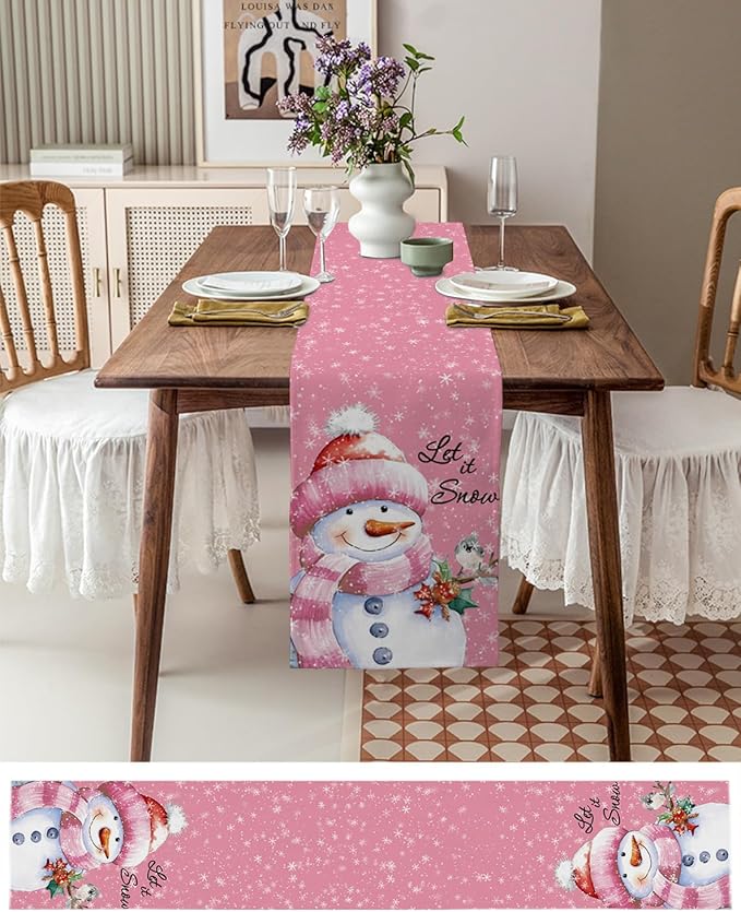 Snowman Christmas Table Runner - 72 Inch Long, Pink Xmas Winter Snowflake Dining Table Runner Dresser Scarves, Rustic Let Snow Bird Christmas Decor for Coffee Table Wedding Party Banquet, 18x72 in