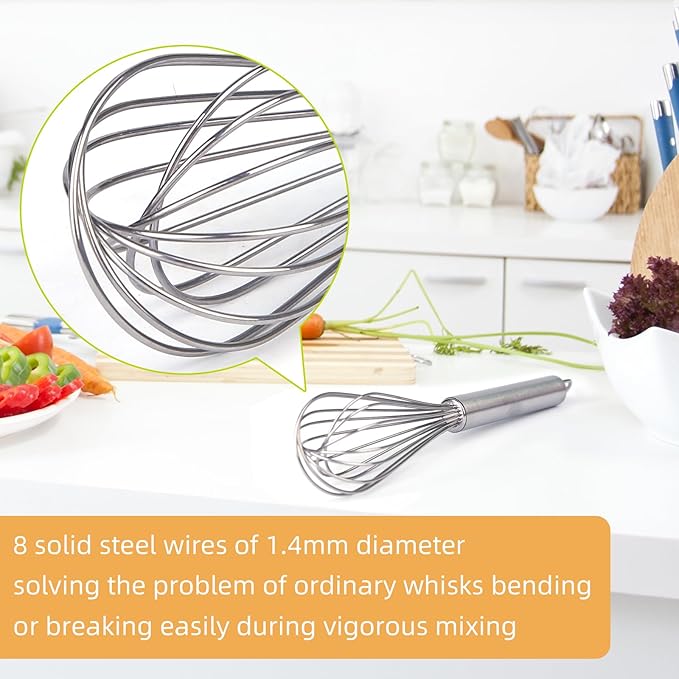 Stainless steel Small whisk for cooking, whisk is crafted with 8 thicker wire diameters, solving the problem that ordinary whisks tend to bend or break during vigorous mixing.(8 inches)
