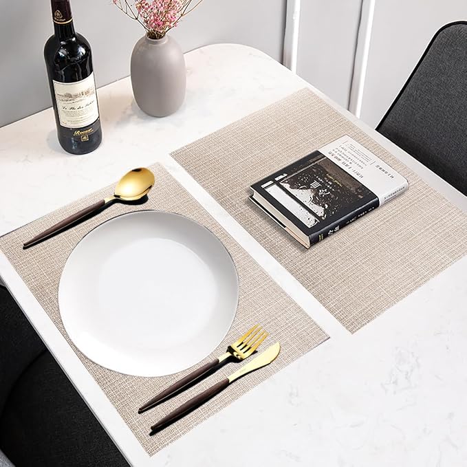 PIGCHCY Beige Placemats Set of 6 Vinyl PVC Durable Place Mats for Dining Table,Heat Resistant Non-Slip Woven Tabel Mats (18x12 inches, Beige)