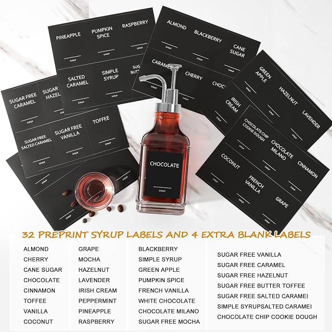 16.9 fl oz/500ml Coffee Syrup Dispenser Set, Coffee Bar Accessories, 4 Glass Bottles with Silver Pumper and Syrup Labels,Syrup Dispenser for Coffee Bar with Spoons,4 Pack