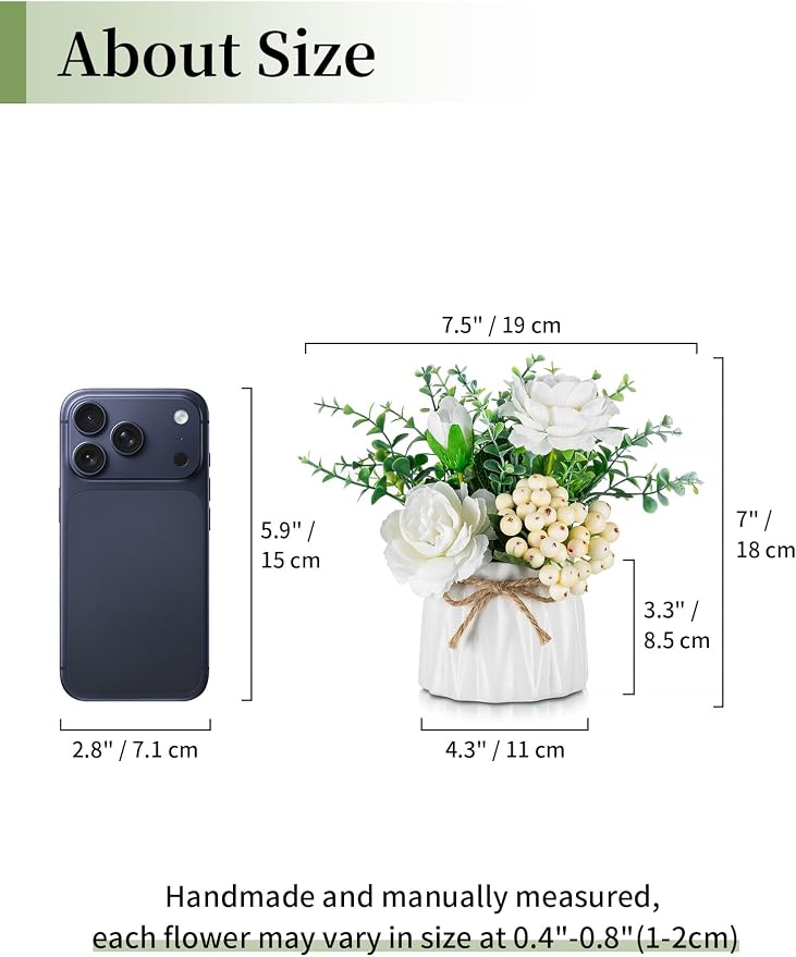 BLOSMON Table Decor Artificial Flowers Vase 7 Inch Small Fake Flower White Arrangement 2pcs Floral Arrangement for Tables Centerpieces Kitchen Dining Room Decorations Faux Flower in Vase Silk Roses