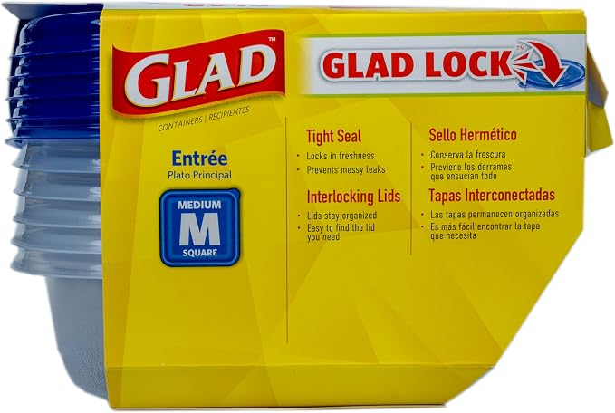 Glad GladWare Entree Food Storage Containers with Lids, Medium Square BPA Free Plastic for Meal Prep and Lunches, Lock Tight Seal, Microwave and Dishwasher Safe, 25 Oz, 5 Count - 2 Pack