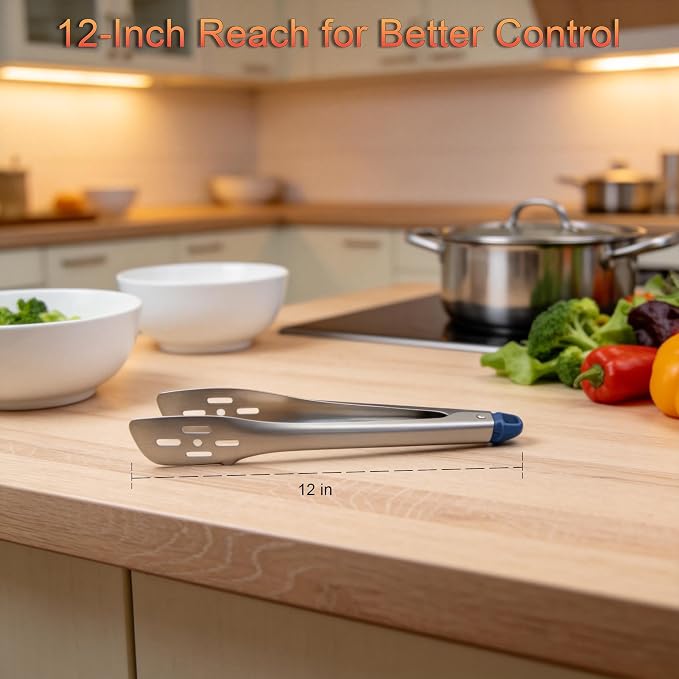 Kitchen Tongs, Food Grade Stainless Steel Cooking Tongs, Heat Resistant, Suitable for Grilling, Frying, and Salads, 12''