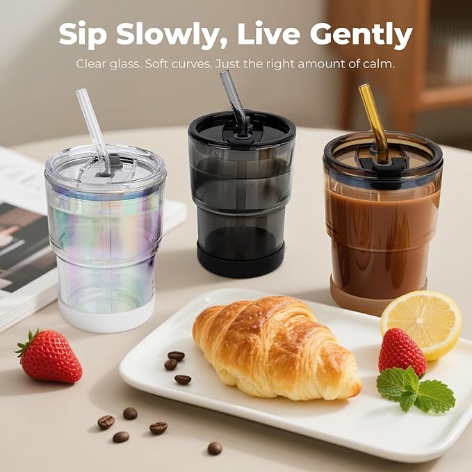 13 Oz Glass Cups with Lids and Straws, Reusable Iced Coffee Water Tumblers, Sealed Carry-On Thick Wall Drinking Cups for Cold Brew, Smoothie, Juice (4 Pack-2 Amber,2 Black)