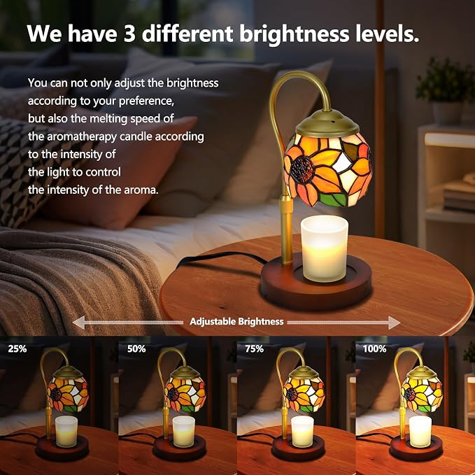 Sunflower Tiffany Candle Warmer Lamp with Wood Base - Height Adjustable, 2/4/8H Timer, 4-Level Dimmer - Includes 2 GU10 Bulbs - Farmhouse Aesthetic Room Decor & Gifts for Women, Fits Candles up to 5"