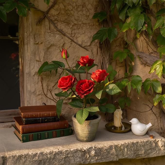 Rose in Pot Decor Potted Artificial Flowers Mini Plants Faux Flowers Indoor Small Decor Fake Roses for Home, Bathroom, Kitchen, Offices, Wedding Party Centerpieces (Rose Red)