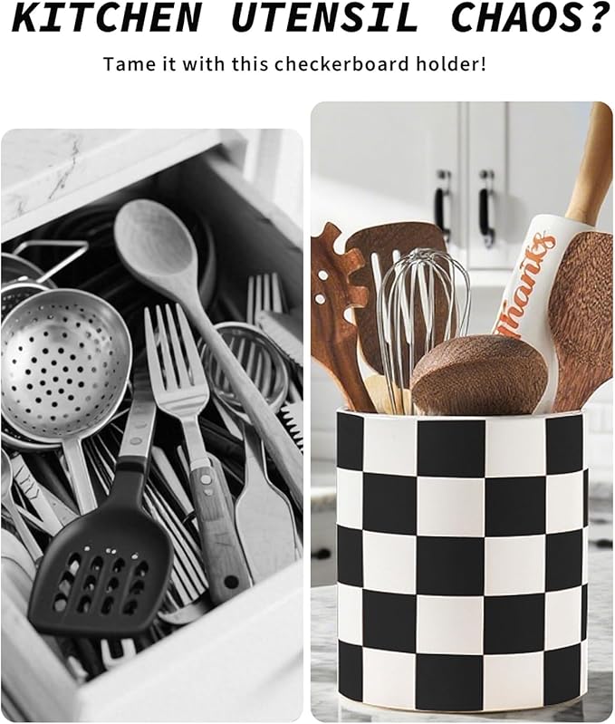 Checkered Kitchen Utensil Holder - 7.2" Ceramic Utensil Crock for Countertop, Kitchen Decor and Accessories for counte (Black)
