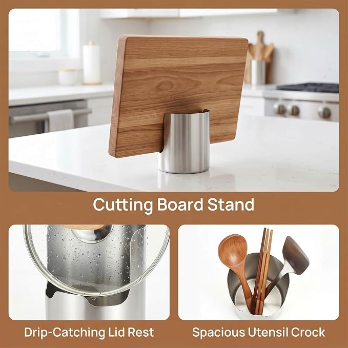 Multi-functional Kitchen Utensil Holder, Heavy Duty Stainless Steel Countertop Organizer for Pot Lids, Spatulas, Ladles and Cutting Boards, Vertical Spoon Rest Rack with Lid Storage (1Pc)