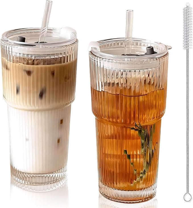 2 Pack Iced Coffee Cup with Lids, 20oz Clear Glass Tumbler with Straw & Lid, Ribbed Glassware Cups, Dishwasher Safe Drinking Glasses, Stylish Glass Cups for Coffee, Juice, Tea, Matcha