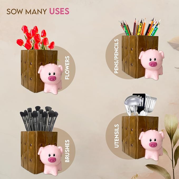 Pig Utensil Holder | Kitchen Crock Storage | Pig Stuff Print Accessories Decoration | Cute Hog Gifts for Women | Cerdo Pollo Animal Boar Decor | Countertop Piglet Stuff Vase