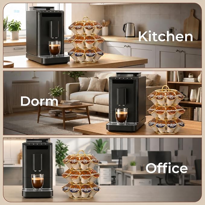 K Cup Holder, Carousel Coffee Pod Holder Compatible with 27 K Cup, Spins 360-Degrees, 3 Tier K Cup Organizer for Kitchen Counter — Home or Office Storage, Anti-Slip Base, No Assembly, Gold