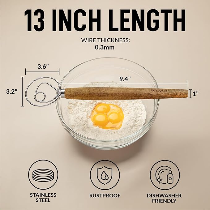 Zulay Kitchen 13-Inch Danish Dough Whisk - Stainless Steel Wooden Whisk with Dough Hook - Sourdough Whisk for Bread, Pizza, Pastry, Cake Batter & More - Acacia