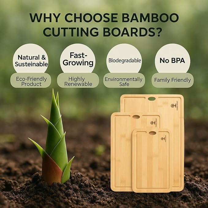 Bamboo Cutting Board Set – 3-Piece Natural Bamboo Boards with Deep Juice Grooves & Hanging Holes, Eco-Friendly Wooden Cutting Boards for Kitchen, Perfect for Chopping Meat, Bread & Fruits