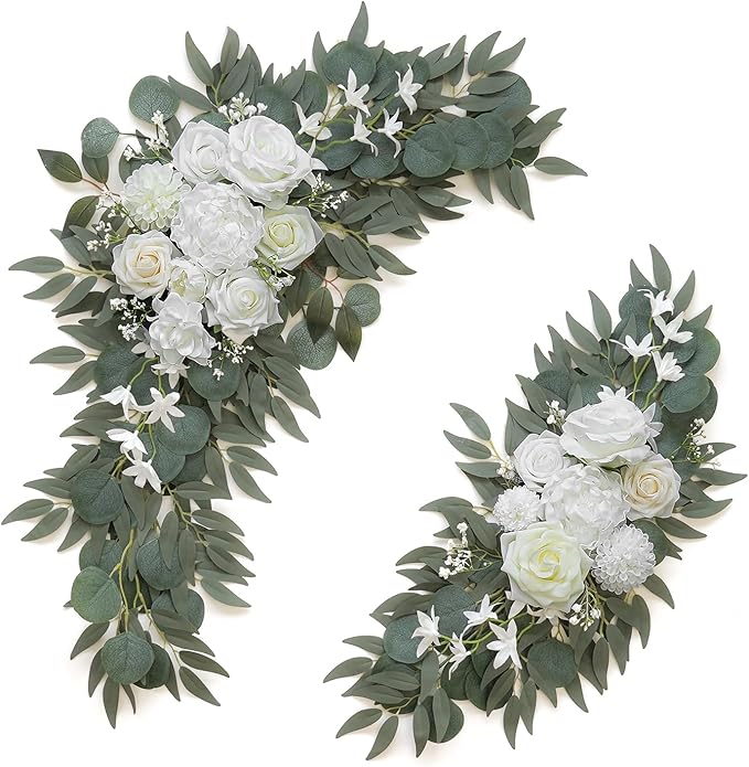 Olalaka Artificial Flower Swag Set of 2 for Wedding Welcome Signs Floral Decorations, White Wedding Arch Flowers for Wedding Ceremony