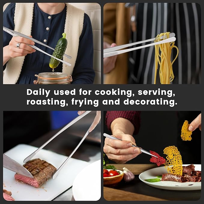 HOTEC Kitchen Tweezers Tongs Stainless Steel, Set of 4-10" and 12inch Extra-Long Food Tweezers Fine Kitchen Tongs for Cooking,Grill and Baking