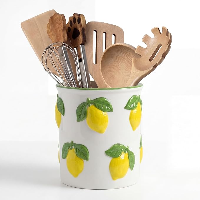 LemonRoad Lemon Utensil Holder for Kitchen Counter,Ceramic Cooking Utensil Crock Modern Farmhouse Countertop Organizer for Spatula Ladle Kitchen Counter Decor