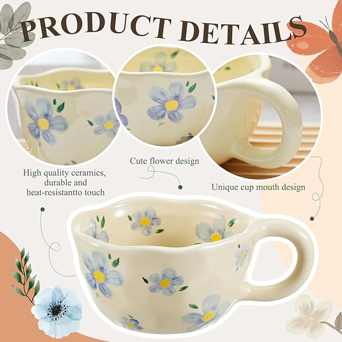 Vesici 2 Pcs Ceramic Coffee Mugs with Spoon, Vintage Floral Spring Mugs with Handle, 8.5 oz Aesthetic Flower Porcelain Tea Cup Set, Dishwasher & Microwave Safe Mothers Day Gifts for Mom(Lovely)