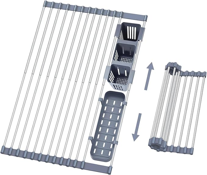Gabrielline Extra Large Roll Up Dish Drying Rack for Kitchen Sink - 21.6” x 12.7” Stainless Steel Over The Sink Mat with Utensil Caddy & Drip Tray - Heavy Duty Space Saving 5-PC Set