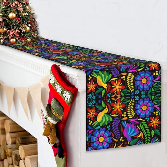 Mexican Pattern Table Runner Burlap Seasonal Kitchen Dining Linen Table Decoration for Indoor Outdoor Home Party Dinner 13x72 Inch