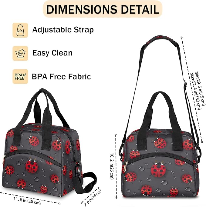Pardick Funny Animal Ladybug Insulated Lunch Bag with Detachable Shoulder Strap Tote Bag for Women Men Adult Reusable Containers Organizer Thermal Cooler Bag for School Work Travel Lunch Box