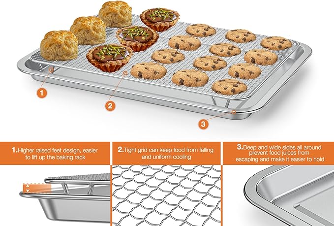 Onlyfire Stainless Steel Baking Sheet with Rack, 15.35 x 11.5 Cookie Sheet Pan Tray with Cooling Rack, Nonstick Roasting Pan Baking Pan for Oven, Smokers and Pellet Grills