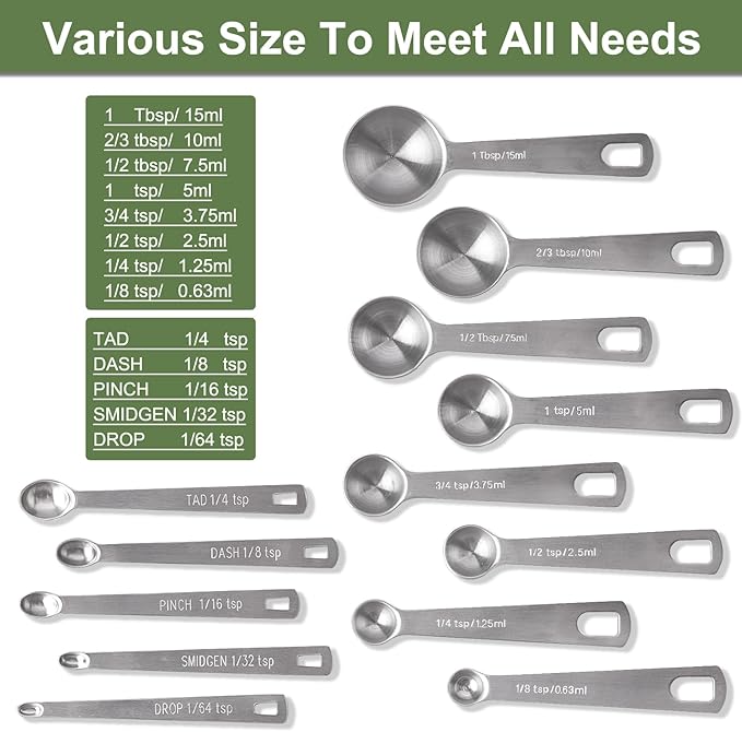 Measuring Spoons, 13 PCS Stainless Steel Measuring Spoons Set Includes Teaspoon & Tablespoon, Metal Measuring Spoons for Dry & Liquid Ingredients, Mini Measuring Spoon Set for Cooking and Baking
